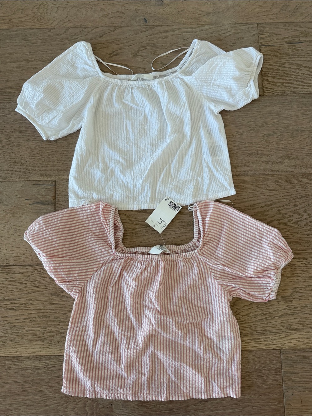 H&M Pink Ribbed Puff-Sleeve Tops Striped Puff-Sleeve Blouses (2)